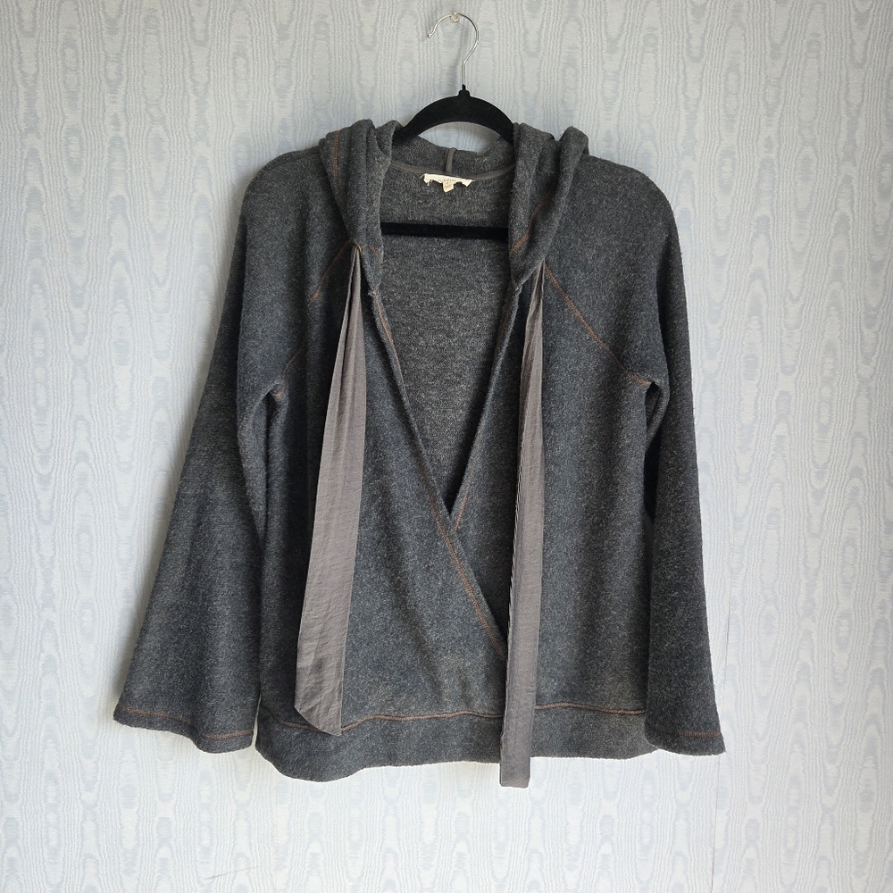 Mystree Fuzzy Draped Front Surplice Bow Tie Bell Sleeve Hooded Sweater Gray S - Picture 2 of 8